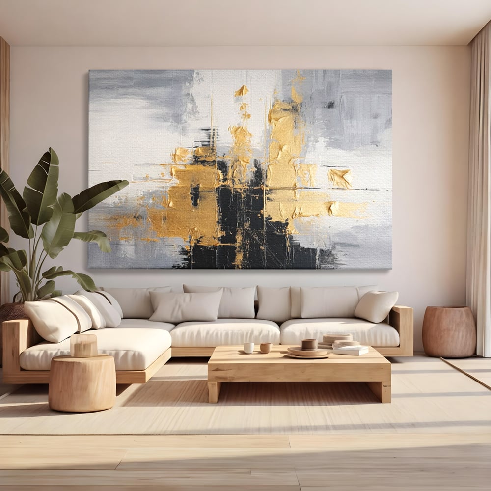 Tablou canvas cu pictura abstracta cu auriu si negru, fara rama, pe sasiu de lemn, pe perete intr-un living